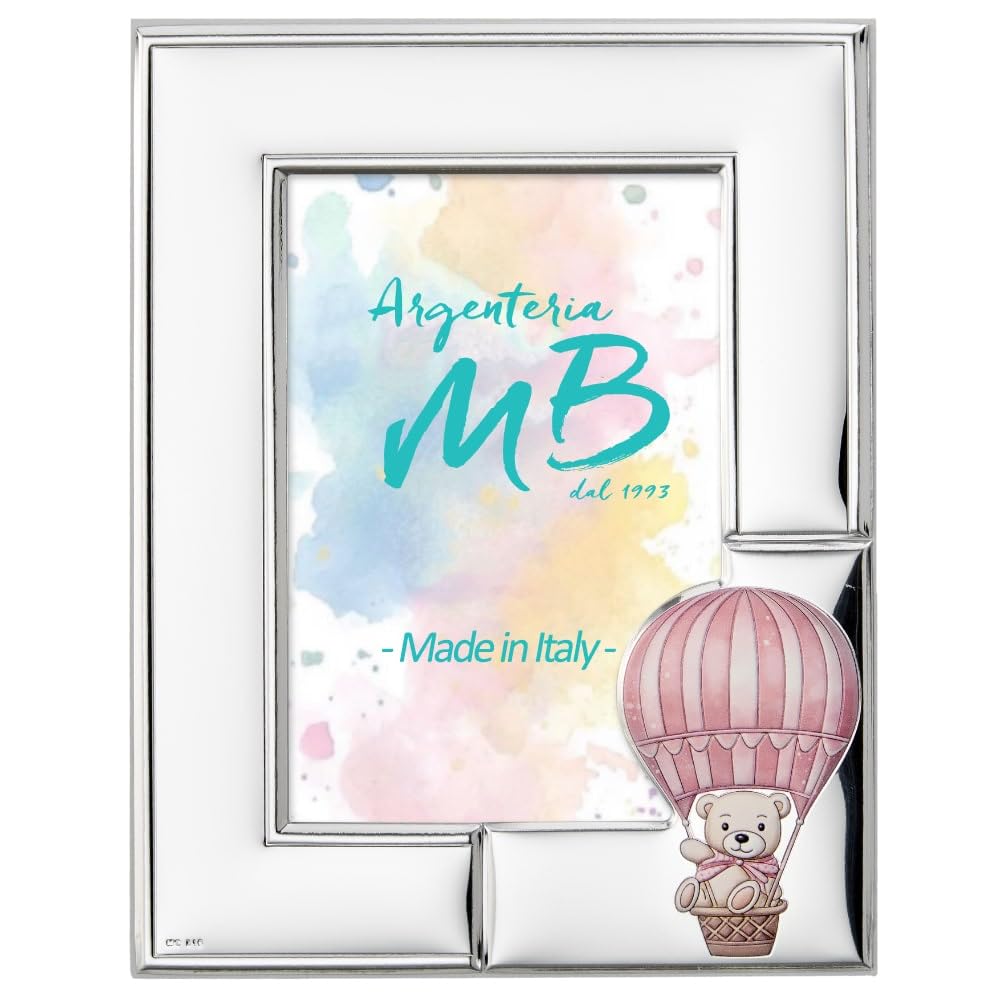 Argenteria MB Portafoto per la Nascita di un Bambino o di una Bambina con Orsetto su una Mongolfiera, Cornice Personalizzabile con Incisione del nome Nome del Neonato (Rosa, Foto 10x15 cm)