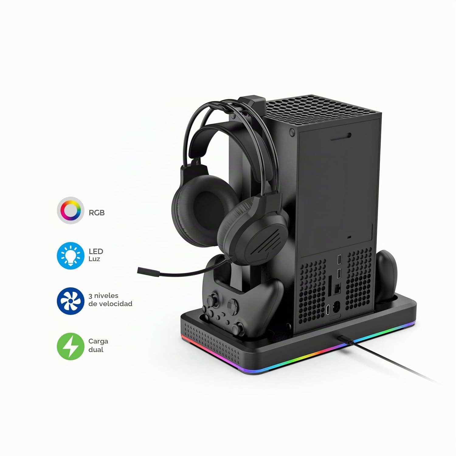 Genérico Base De Ventilador De Refrigeración para Xbox Series X/S, Base De Carga Multifuncional Host RGB Gancho para Auriculares para Xbox Series X/S (Negro)