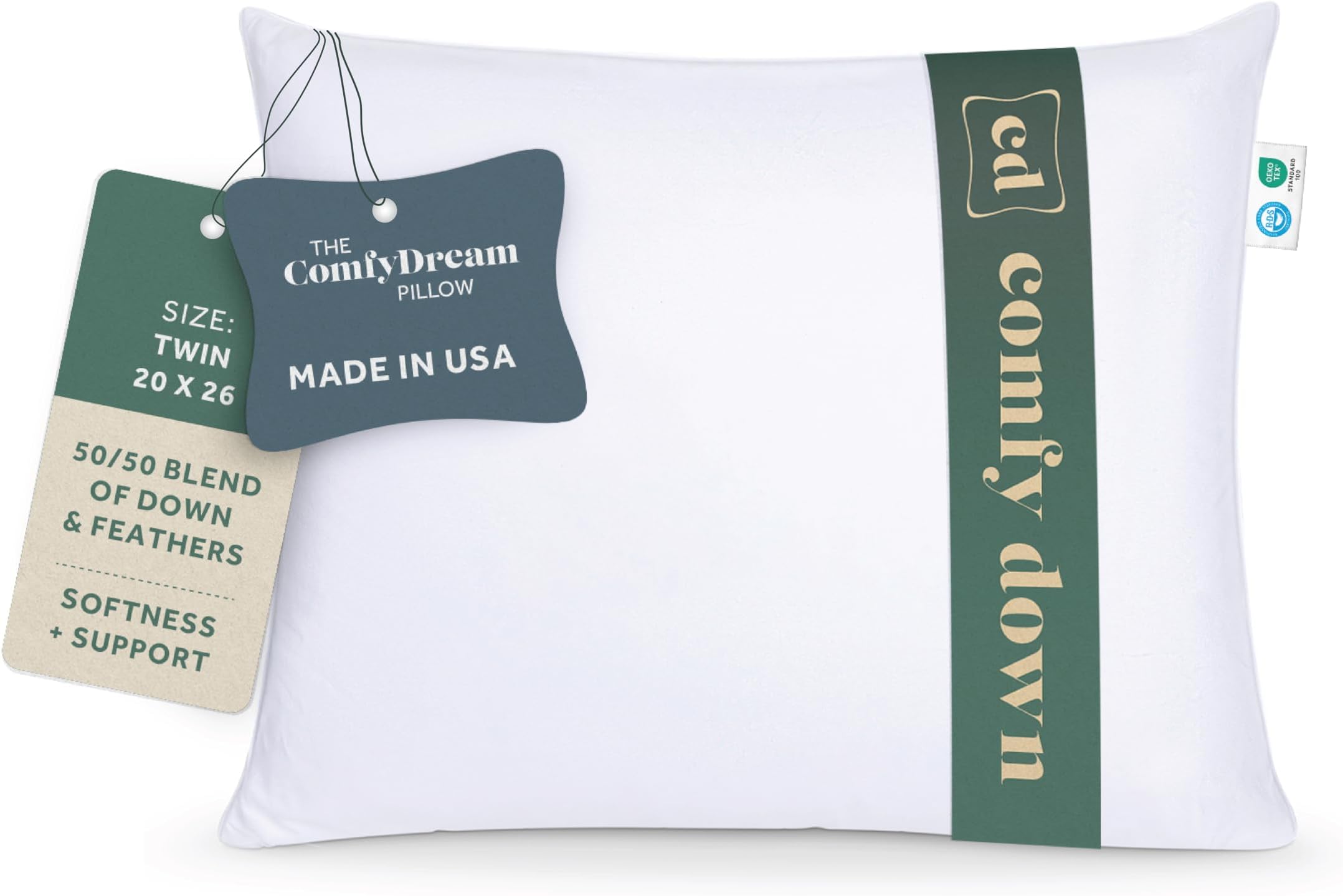 comfydown50/50 Down Feather Blend ComfyDream Bed Pillow for Sleeping, Egyptian Cotton Cover, Made in USA, Twin Size (Twin)