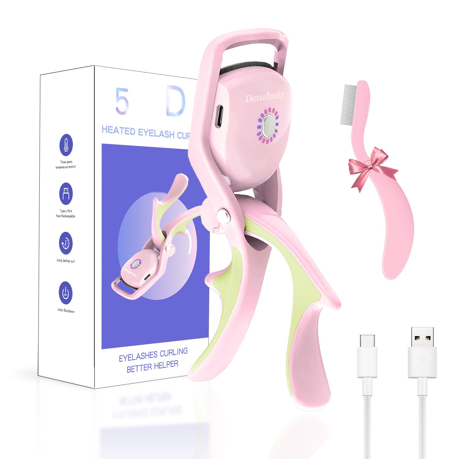 Rizador de Pestañas Eléctrico, Denabuty Rizador Pestañas Térmico, Rizador de Pestañas Portátil con 3 Modos de Temperatura e Peine Pestañas con Almohadillas de Silicona, USB Rechargeable Rosa