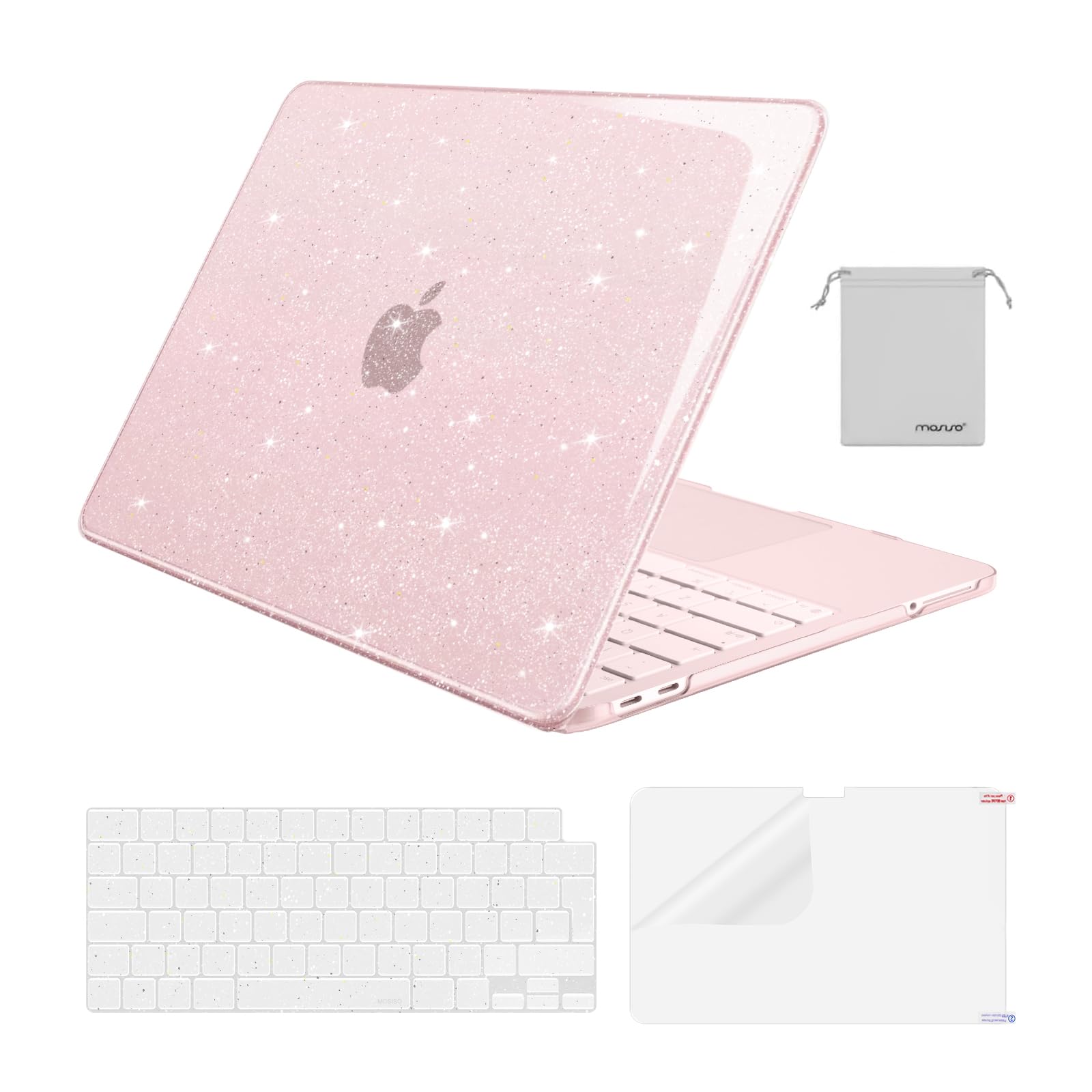 MOSISO Funda Purpurina Brillante Compatible con MacBook Neo 13 Pulgadas A3404 2026 Chip A18 Pro, Resistente a Las Grietas Protectora Funda Rígida&Teclado Tapa&Protector Pantalla&Bolsa,Rosa Nube