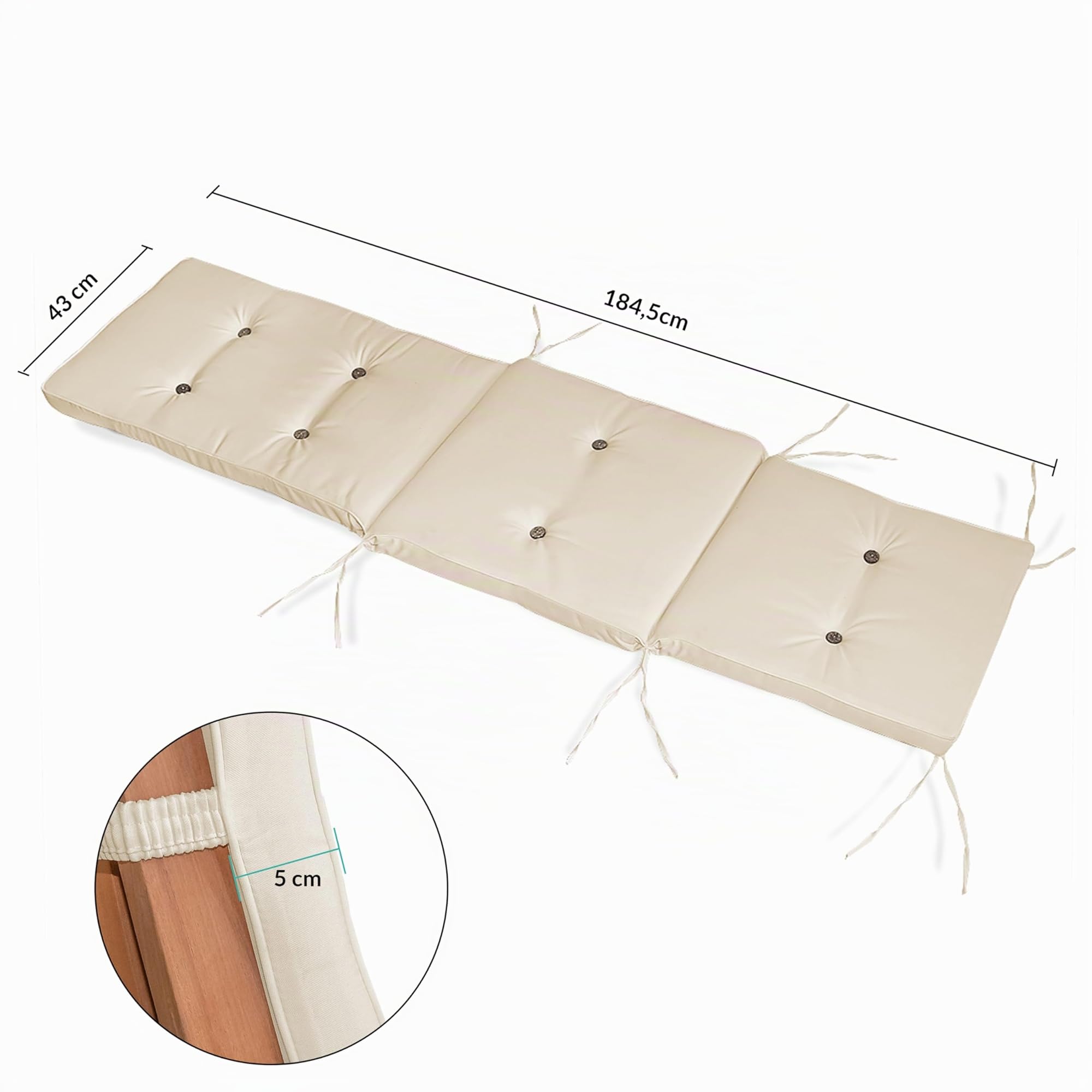 Detex® Cojín para Tumbona Crema Almohadilla para Silla de jardín Aspecto Lino hidrófugas 184,5 x 43 x 5 cm