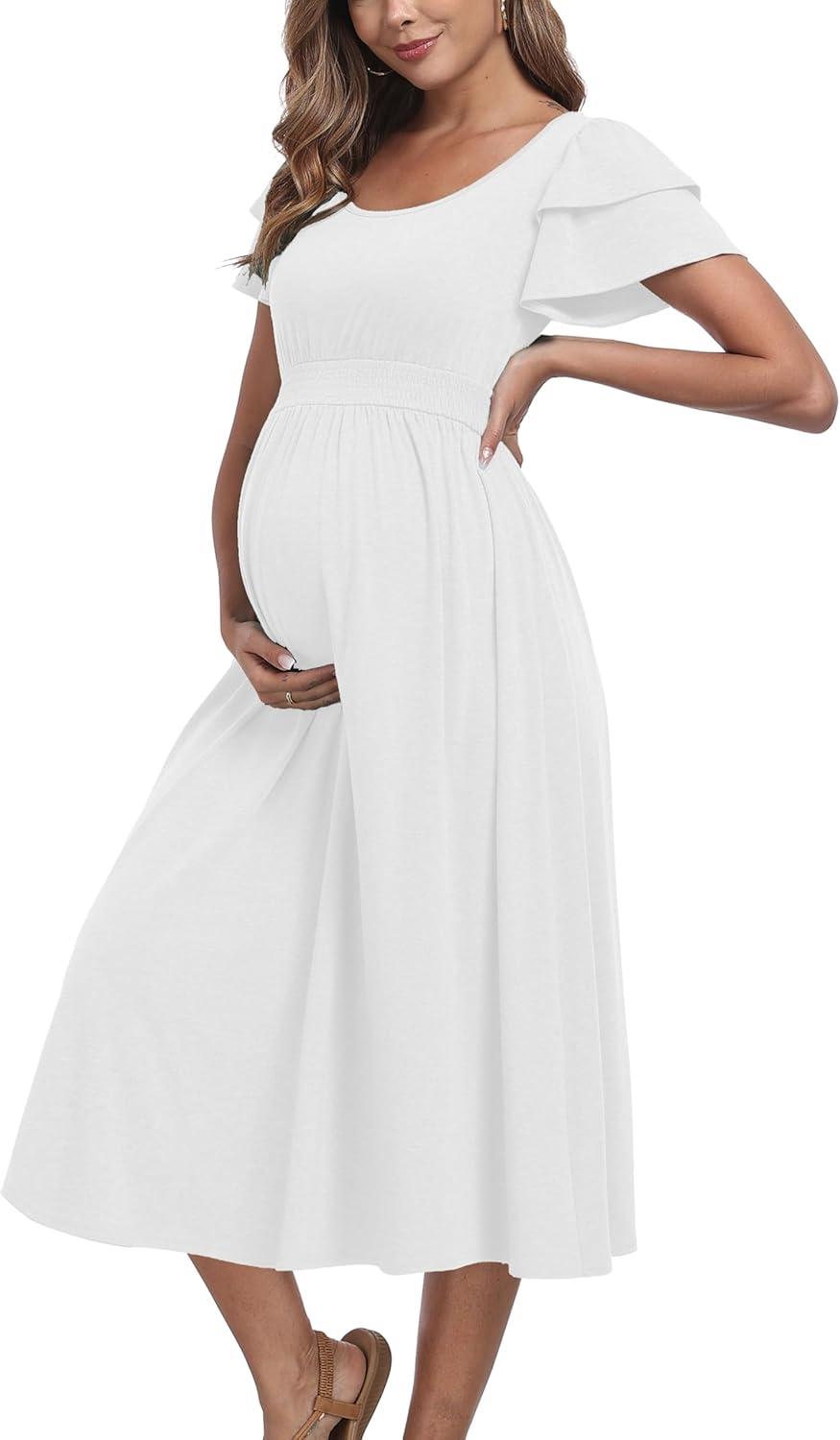 Ruffle Short Sleeve Maternity Dress High Waisted Midi Spring Baby Shower Dresses