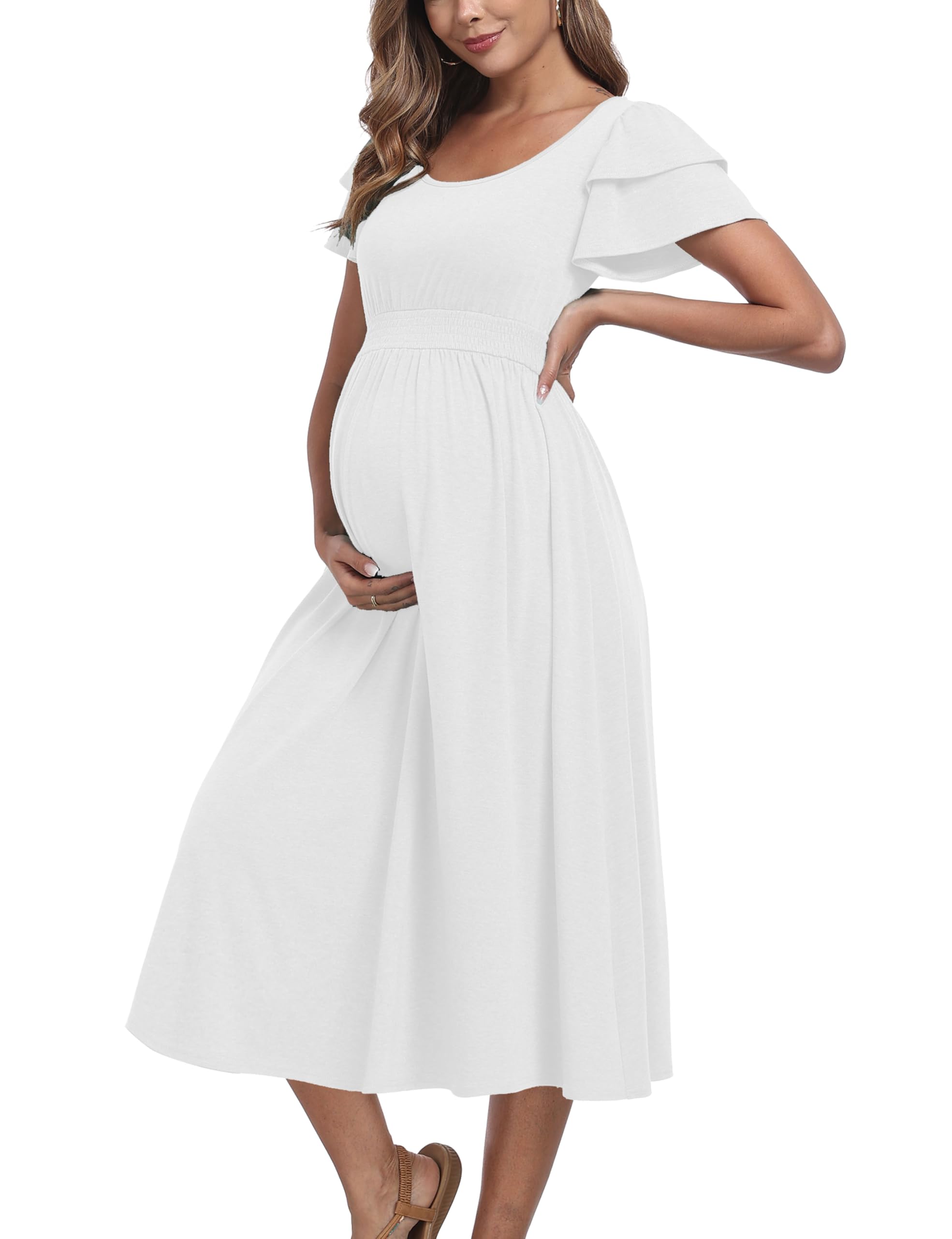 Umstandskleid mit Rüschen, kurze Ärmel, hohe Taille, Midi-Kleid, Frühling, Babyparty-Kleider