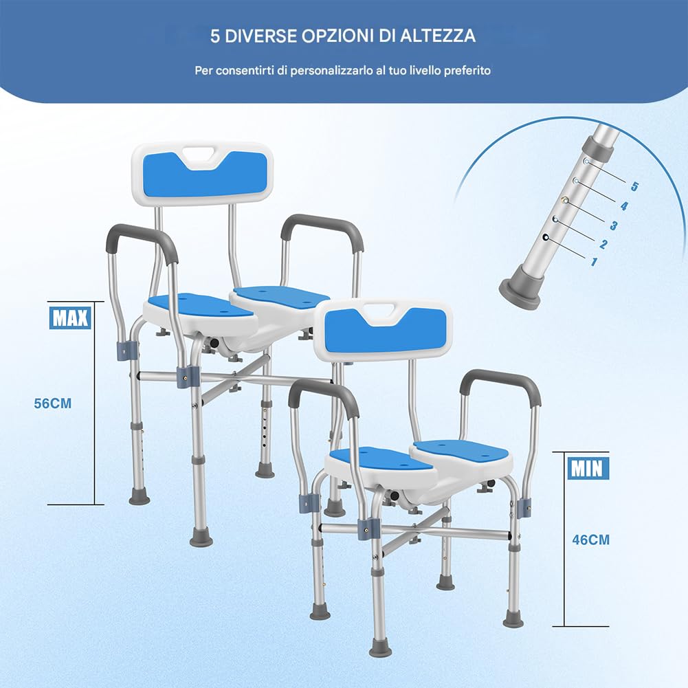 BAKAJI Sgabello da Doccia con Schienale e Braccioli, Struttura Alluminio e Seduta Ergonomica in HDPE, Sedile da Bagno per Anziani, Disabili e Persone con Mobilità Ridotta, Regolabile Altezza 83-93 cm