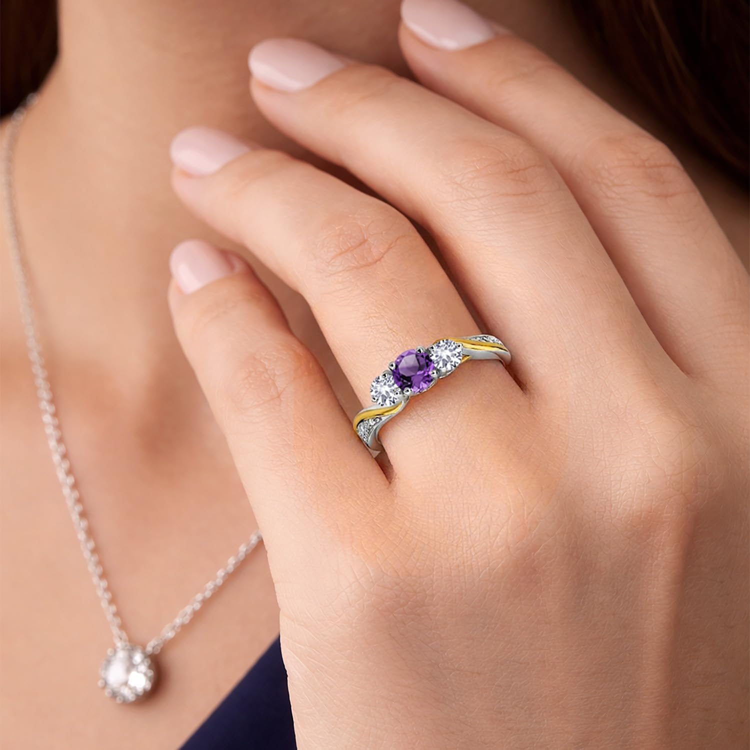 Gem Stone King 925 Silver and 10K Yellow Gold Purple Amethyst White Created Sapphire and White Lab Grown Diamond 3 Stone Engagement Ring For Women (0.54 Cttw, February Birthstone)
