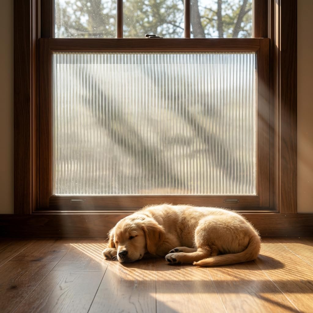 Stained Glass Film - 3D Etched Privacy Window Film, Pet Anxiety Relief Dog Barking Solution, Decorative Static Cling No Glue, Pre-Cut for Sidelite & French Door-Crystal Reeded Glass Film