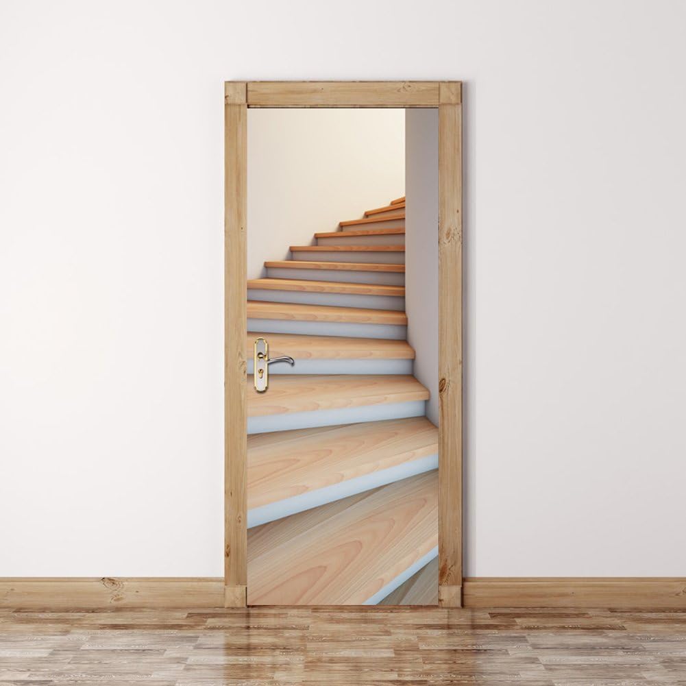 3D Spiral Staircase Door Wallpaper Sticker, PVC Waterproof Door Stickers Self-Adhesive Door Murals Peel and Stick for Bedrooms Home Decoration 77x200cm