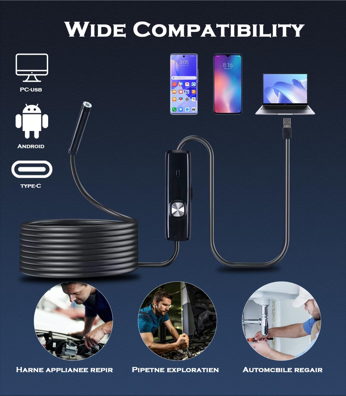 Kamera endoskopowa ze światłem, boroskop wężowy USB z 6 regulowanymi diodami LED, 1920P HD, IP67, wodoodporny, przewód inspekcyjny, kamera wężowa do telefonu typu C, Androida, tabletu PC