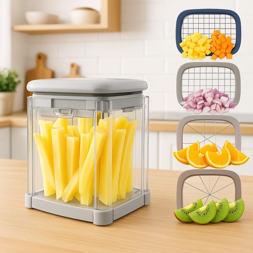 Manual French Fries Cutter Hand Press Vegetable Dicer with 4 Blades and Plates Fruit Slicer for Potato Cucumber Kitchen Tool