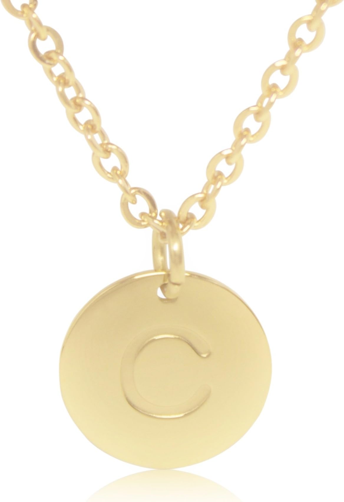 18K Gold-Plated Round Disc Engraved Initial Pendant 18” Adjustable Necklace with Personalized Alphabet Letter (C)