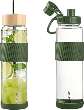 1000ml 1L Glass Water Bottle, 2 Lids with Straw and Handle | Reusable, Bpa Free, Leakproof, Borosilicate Glass Drinking Bottle with Silicone Sleeve for Gym, Sports & Workout, 1 Pack