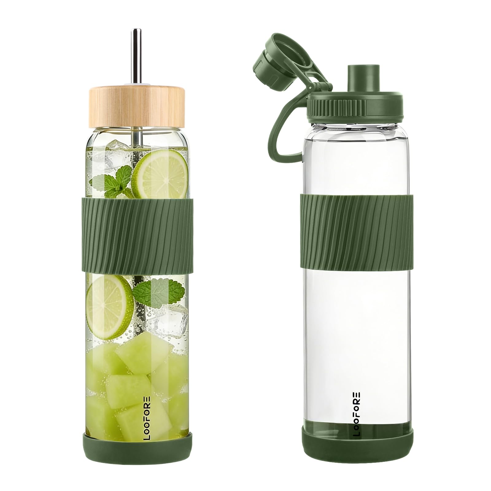 LOOFORE 1L 1000ml Glass Water Bottle with 2 Lids - Flip and Bamboo Straw Lids - Sports Water Tumbler with Handle and Silicone Sleeve Leak-proof BPA Free for Gym Sports Outdoor, 1 Pack
