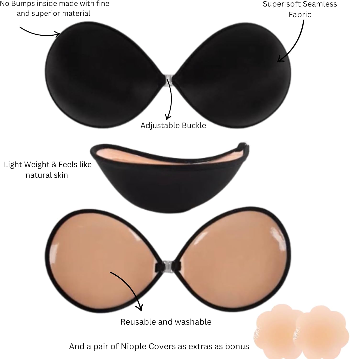 Sticky Self Adhesive Strapless Bra with Nipple Covers, Invisible Reusable Silicone Push-Up Backless Bra for Women - Image 3