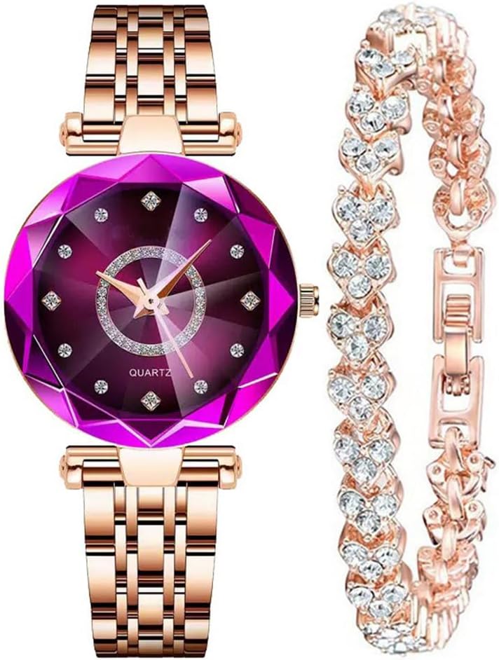 Women Watches with Bracelet Rose Gold for Lady Elegant Stainless Steel Strap Fashion Analog Creative Diamond Dial Wrist Watch