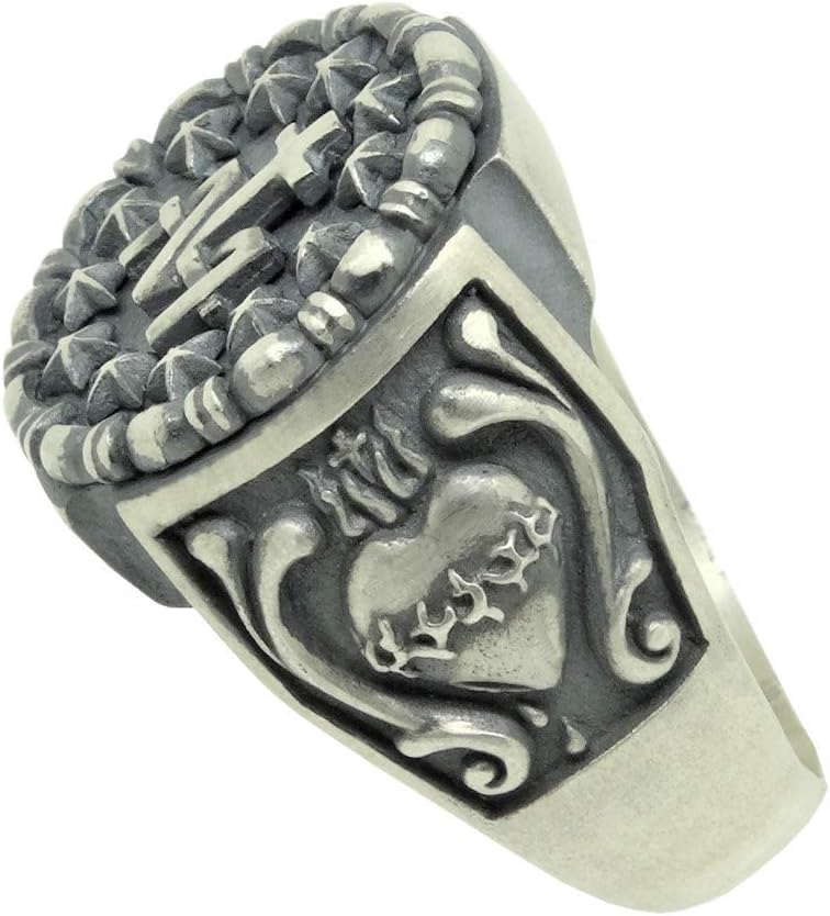 SECRETIUM Sacred Heart Virgin Mary Catholic Religious Silver Mens Cross Ring