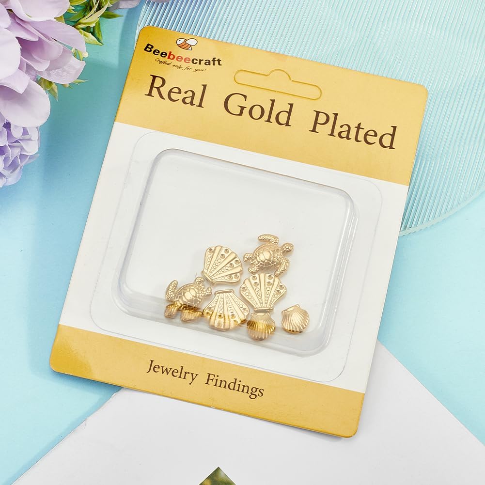 Beebeecraft 12Pcs 3 Styles Tortoise Seashell Beads 18K Gold Plated Sea Animal Spacer Loose Bead Findings for Summer DIY Jewelry Necklaces Bracelets Earrings
