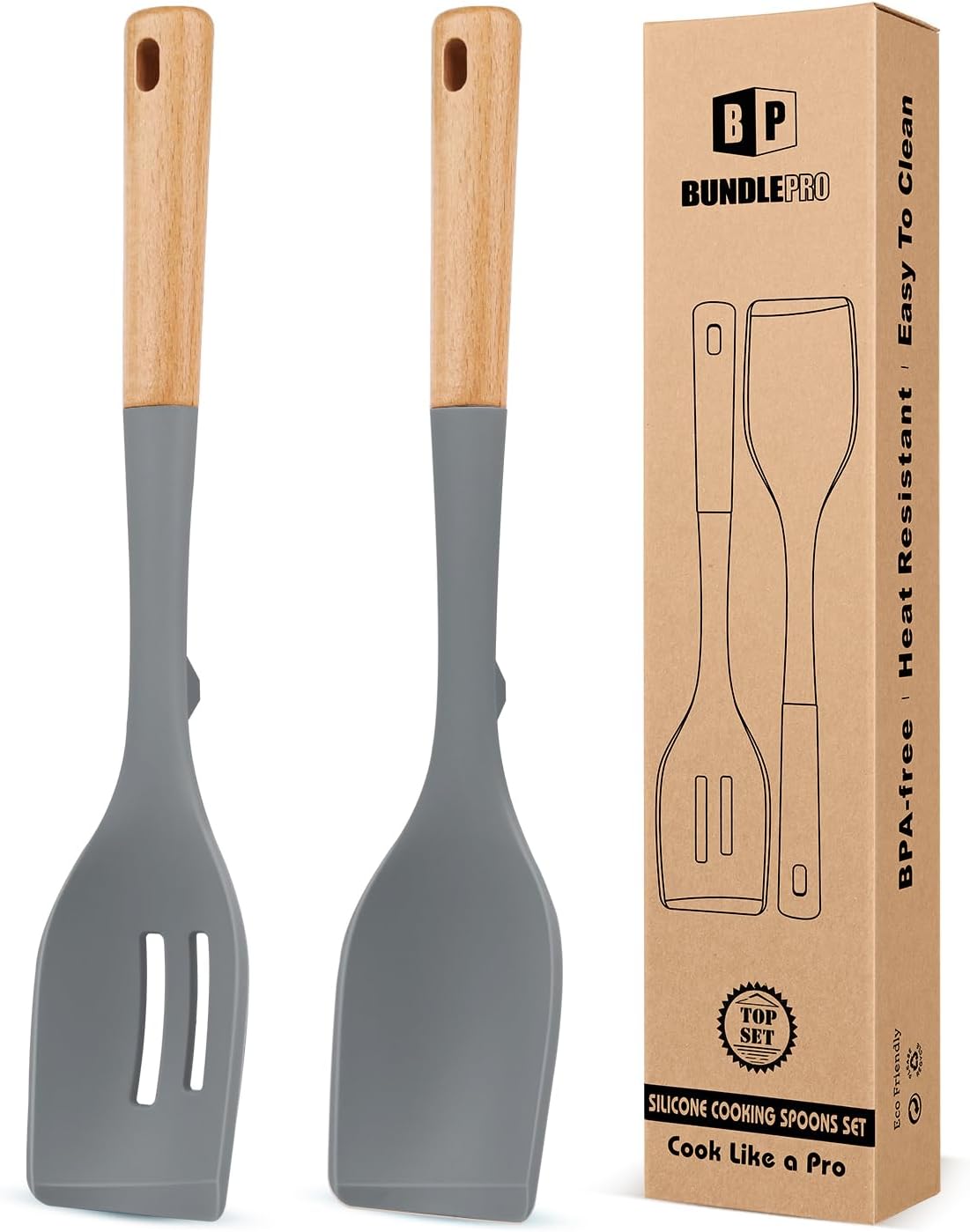 Pack of 2 Large Silicone Cooking Spoons Heat Resistant Non-Stick Kitchen Utensils with Wooden Handle Ideal for Mixing Stirring Serving Cooking Grey