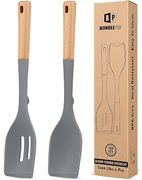 Pack of 2 Large Silicone Cooking Spoons, Heat Resistant Non Stick Kitchen Utensils with Wooden Handle, Ideal for Mixing, Stirring, Serving, CookingGRAY