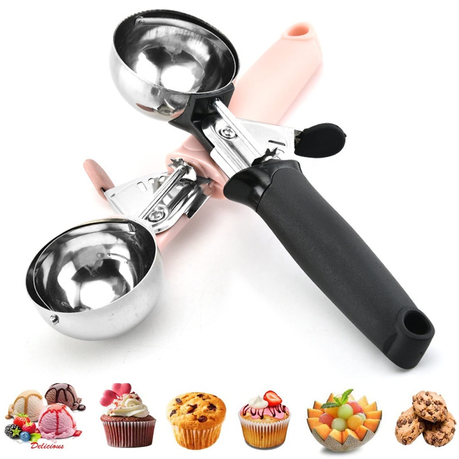 AYCDL Ice Cream Scooper, 2Pcs Stainless Steel Non-Stick Ice Cream Scoop Icecream Yogurt Cookie Dough Meat Fruit Ice Ball Maker Kitchen Tools Watermelon Spoon