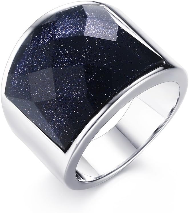 Stainless Steel Vintage Square Gemstone Blue Black Sandstone Band Ring for Men, Metal, Cubic Zirconia