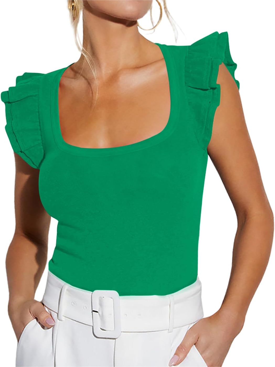 BONITEE Women Summer Ruffle Tops Sexy Square Neck Short Sleeve Shirts Trendy Casual Ribbed Slim Fitted Knit Tees Blouse