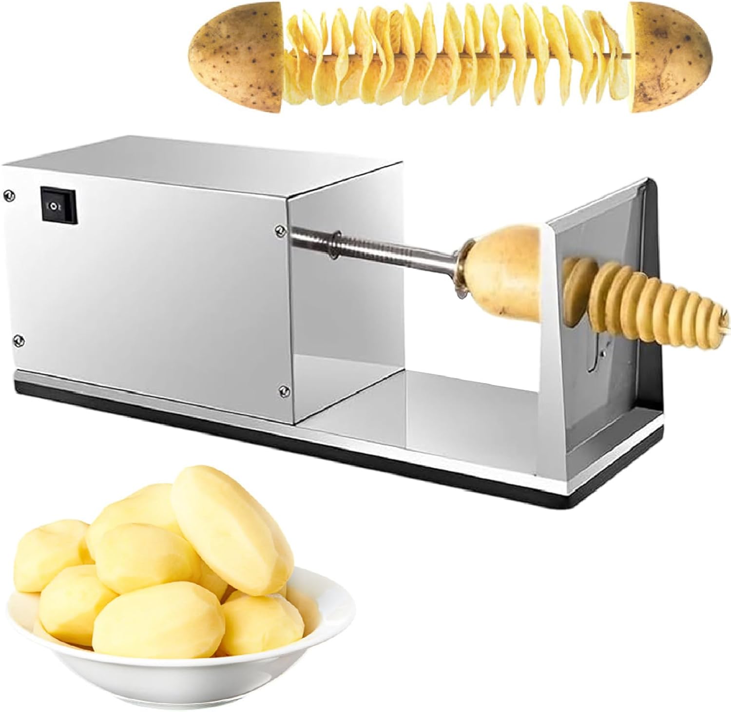 Potato-Chips-Slicer,-Automatic-Stretch-Potato-Slicer,-Stainless-Steel-Electric-Potato-Spiral-Tower-Machine-for-Home-and-Commercial