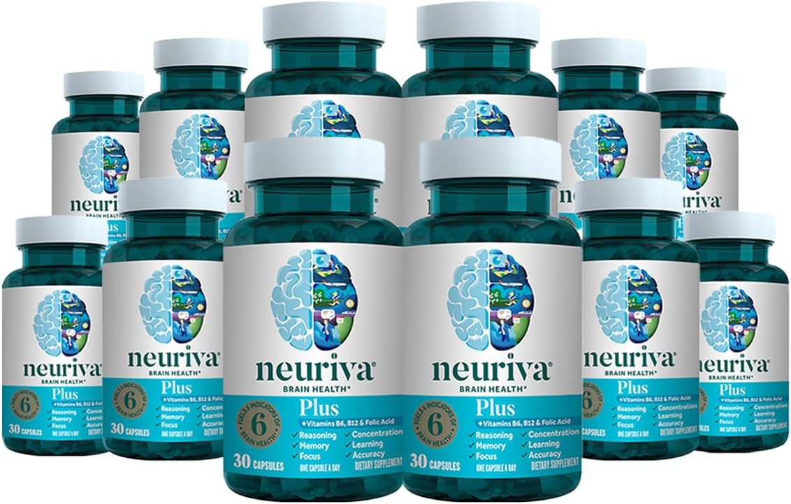 Plus Brain Supplement for Memory, Focus & Concentration + Cognitive Function with Clinically Tested Nootropics Phosphatidylserine and Neurofactor, VIT B6 & B12, 30 Count Capsules (12 Pack)