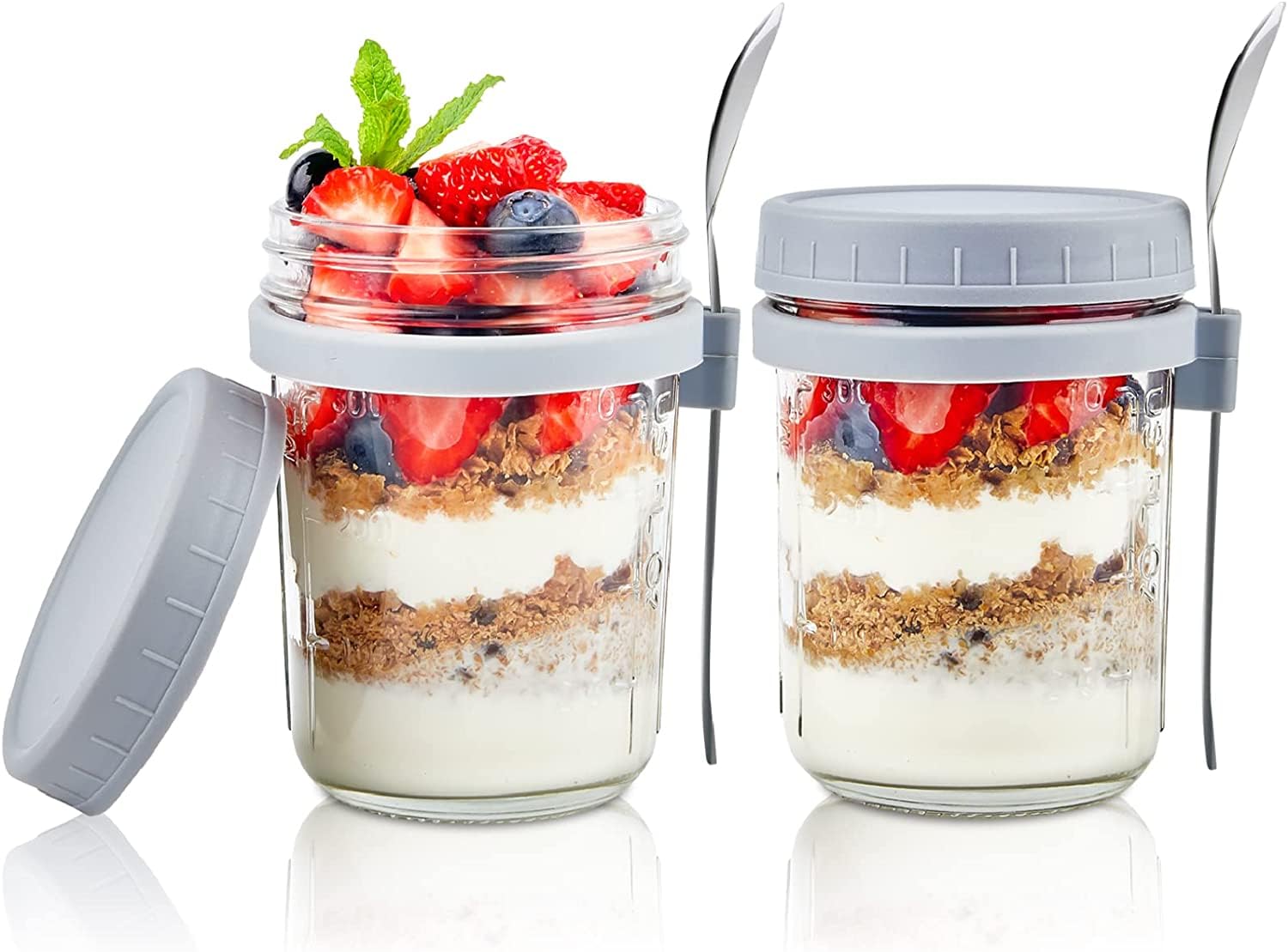 GGEROU Overnight Oats Jars with Lid and Spoon,2 Pcs Airtight Oatmeal Container with Measurement Marks,Glass Mason Jars with Airtight Lids for Cereal Yogurt and Parfait (350ml/12oz, Grey)