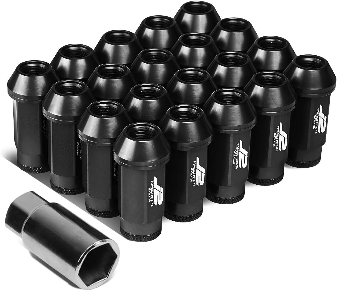 J2 Engineering 7075-T6 Aluminum M12x 1.25 20Pcs 50mm Tall Open-End Lug Nut w/Socket Adapter Black