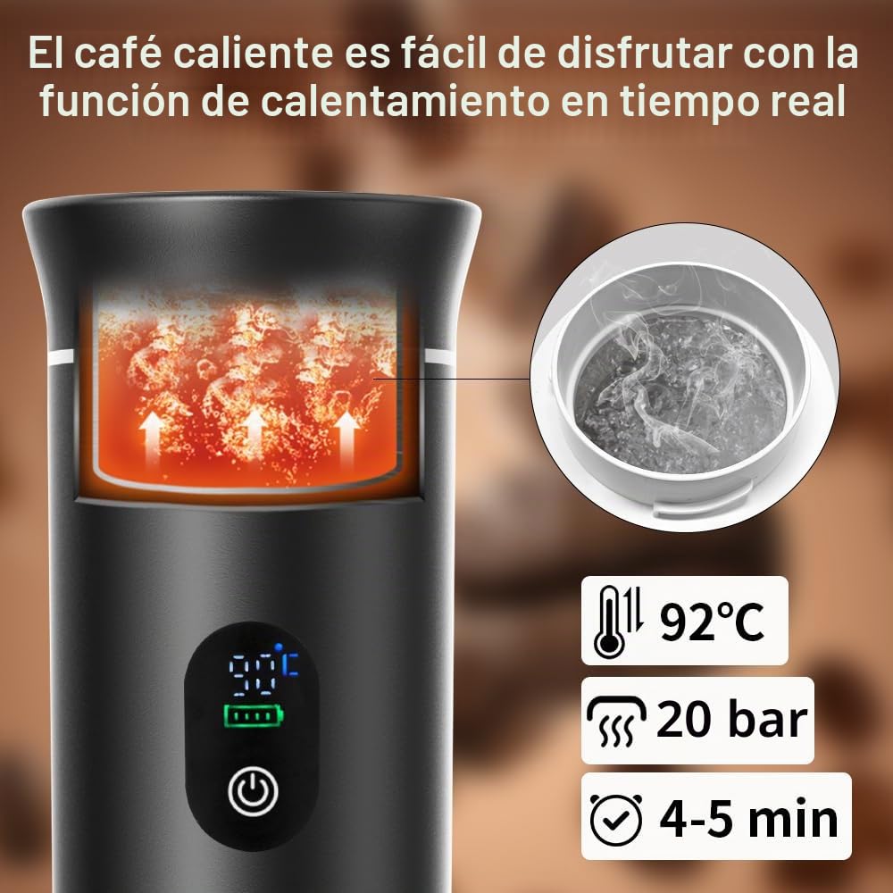 SAUSI Cafetera Portatil 3 en 1 - Batería USB Recargable, Capacidad 80 ml, Compatible con Cápsulas Espresso y Café Molido, Ideal para Coche, Oficina, Viajes y Camping