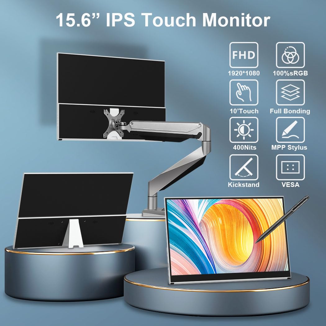 Portable Monitor Touchscreen 15,6 Zoll, IPS 1080P Mobile Monitor mit MPP-Stift im Lieferumfang,100% sRGB,Integrierter Standfuß, USB-C/HDMI Tragbarerr Monitor für Laptop, PC, Mac, Surface