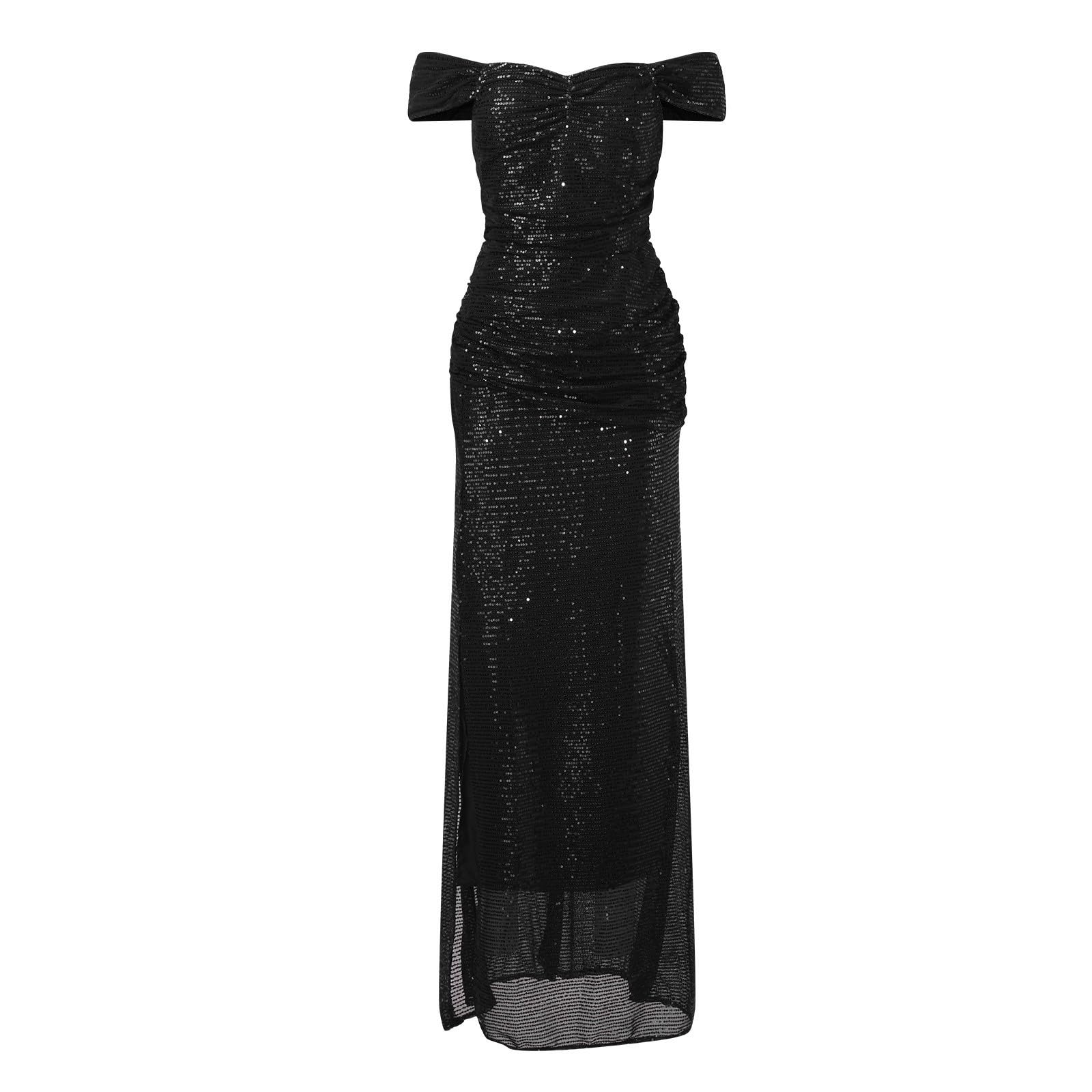 Robe de Soirée Cocktail Femme Élégante Col V à Paillettes Robe Longue Sexy Slim Robe Fendues à Sequins Mode Maxi Dress