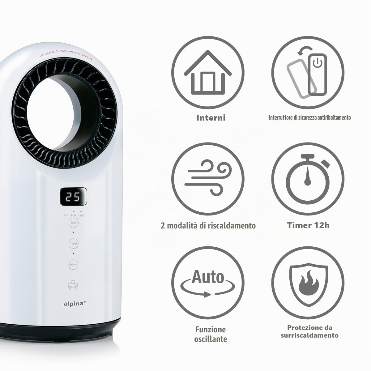 alpina Termoventilatore elettrico e ventilatore 1500 W - Radiatore con timer e telecomando - Radiatore oscillante con funzione di raffreddamento e riscaldamento - 18 x 18 x 37 cm