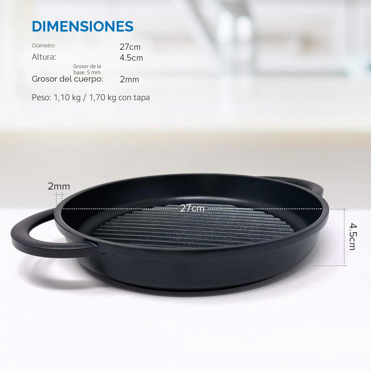 joeji's Kitchen sarten plancha redonda de aluminio fundido con asas de silicona y tapa, sarten grill para parrilla compatible con inducción con base de acero adherido, sartén antiadherente de 27 cm