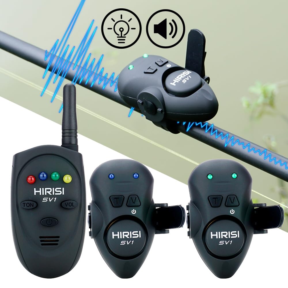 Hirisi Tackle Karpfen-Bissanzeiger mit Fernbedienung – Angelalarm für die Rute mit Einstellbarer Lautstärke und Signalton – Kompakt, leicht & wasserdicht Vibrations-Bissanzeiger für Angelruten