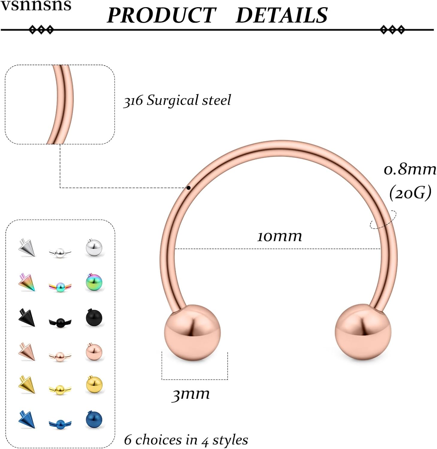 Vsnnsns 12G & 16G Septum Rings - Surgical Steel Septum Piercing Jewelry Horseshoe & Snake Bite Rings, Daith Rook Earrings for Women & Men - Image 2