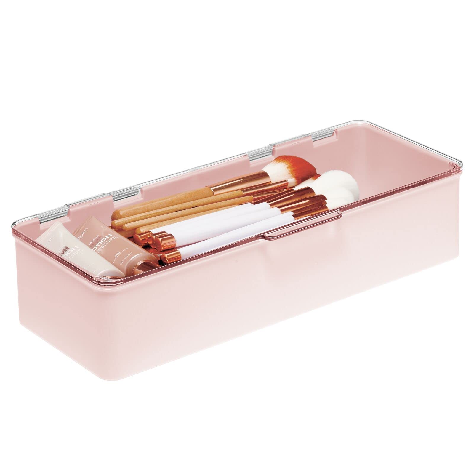 mDesign Long Plastic Cosmetic Storage Organizer Boxes with Hinged Lids, 2 Pack, Light Pink/Clear