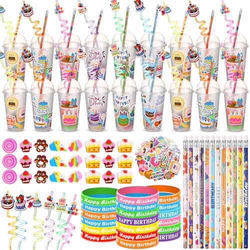Baderke 24 Sets Birthday Gifts Party Favors Set Include Reusable Cups with Dome Lids Straw Decoration Pencil Heart Eraser Silicone Bracelet Stickers (Birthday A)