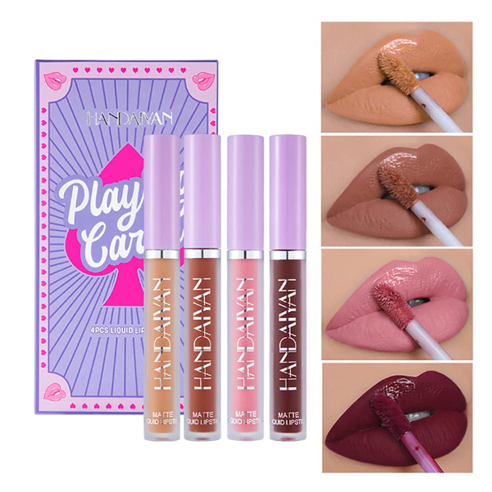 Theshiry 4Pcs Matte Liquid Lipstick Makeup Set, Nude Matte liquid Long-Lasting Wear Non-Stick Cup Waterproof Lip Gloss, Makeup Lip Gloss Set (Set 1)