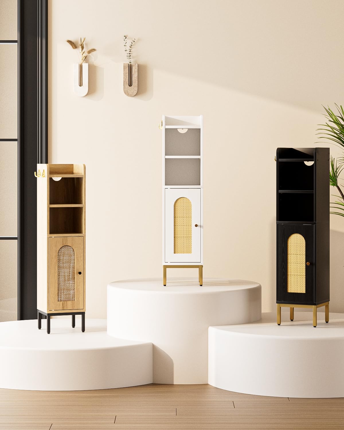 HEYZOEY Armario de baño estrecho de pie, armarios altos de baño con puerta, armario estrecho para baño, cocina, salón, dormitorio, balcón u oficina, ratán negro