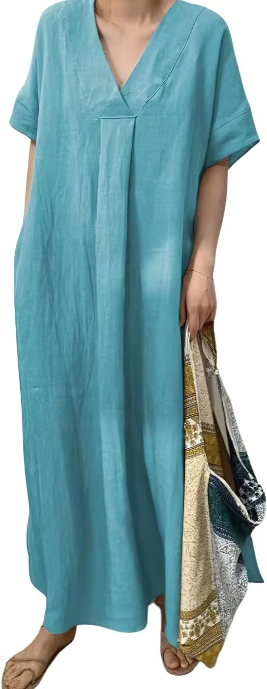 chouyatou Women's Summer Casual Loose Cotton Linen Dress Short Sleeve Long Maxi Dress with Pockets