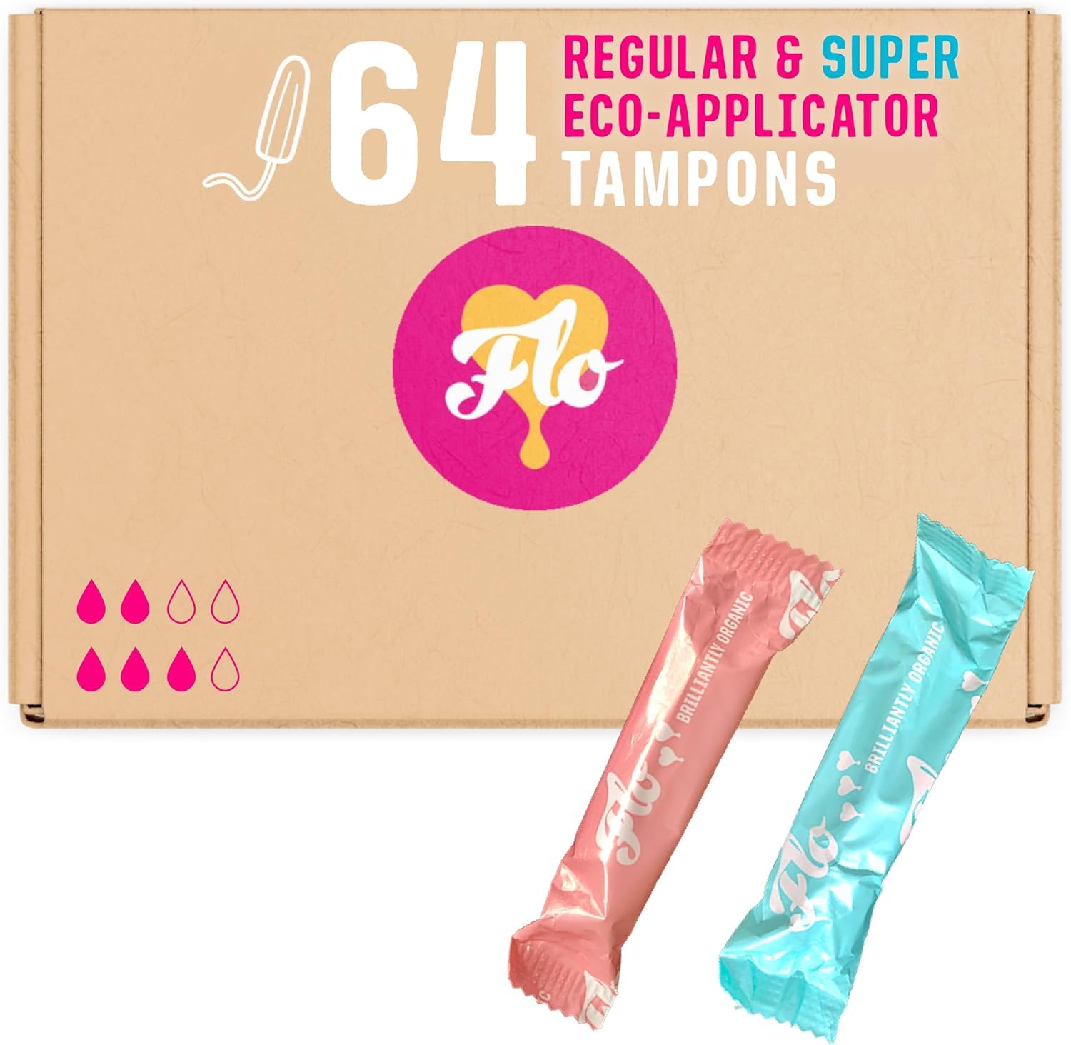 FLO Tampons with Applicator, Made from 100% Organic Cotton, Biodegradable & Ultra-Absorbent - Combo Pack 32 Regular & 28 Super Tampons