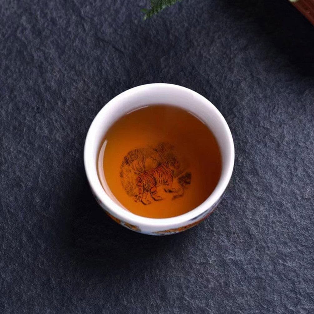 Kichvoe Hand Painted Ceramic Tea Cup: Oriental Tea Tasting Bowl, Decorative Teacup for Home, Zodiac Tiger Pattern Kung Fu Mug, Dishwasher Safe