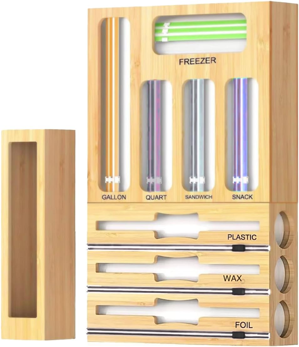 Storage Bag Organizer for Kitchen Drawer, Foil and Plastic Wrap with Cutter, Organizers Compatible Gallon, Quart, Sandwich Snack Size 9 in 1