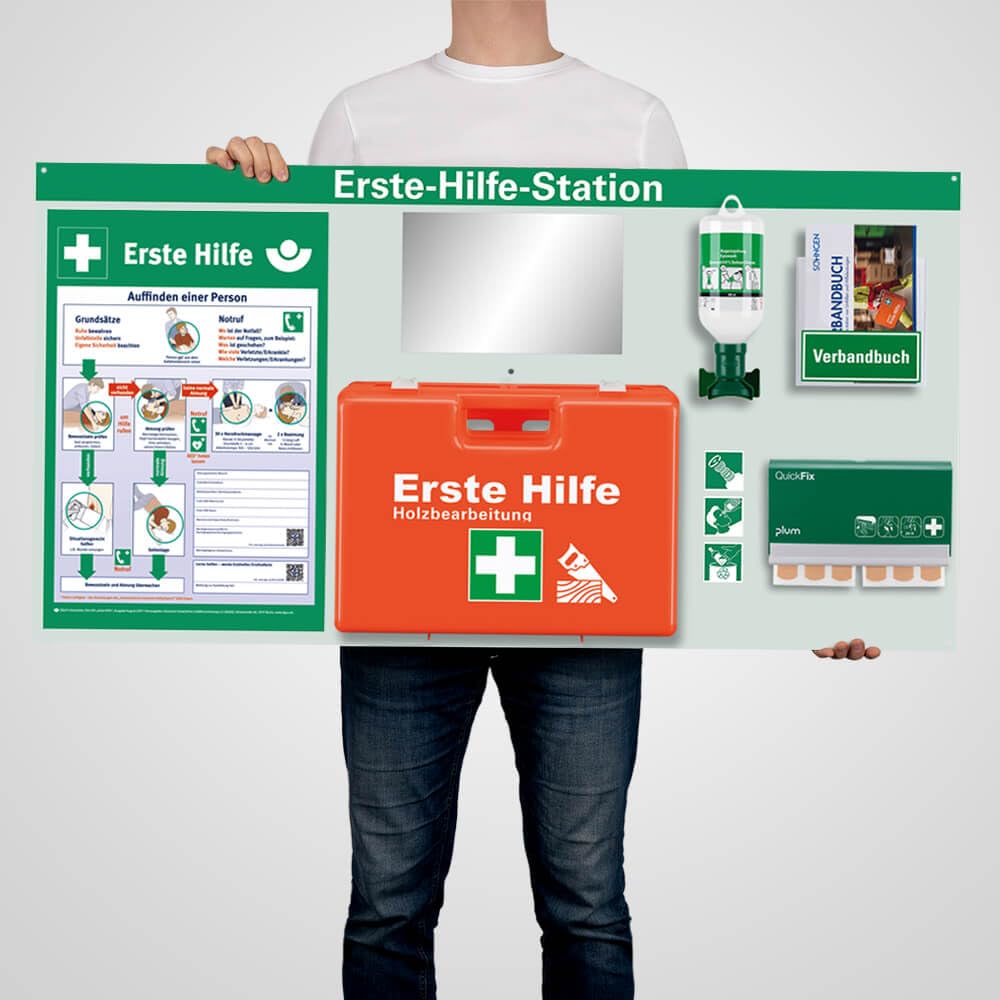 Erste-Hilfe-Station Premium Holzbearbeitung, ASR A4.3/DIN 13157, 116 x 60 cm, Art.-Nr. 611682 | Pflasterspender | Augenspülflasche | Verbandkoffer