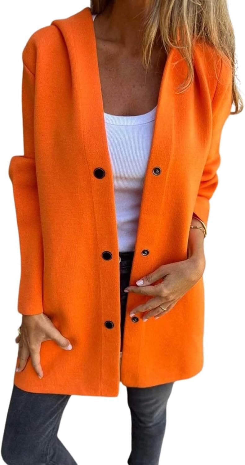 Autumn And Winter Womens Solid Color Casual Single Breasted Hooded Jacket Feel Comfortable Fashionable Layering