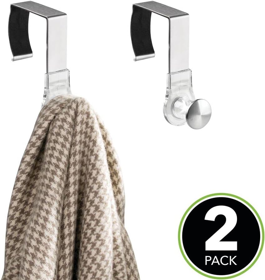 mDesign Modern Metal and Plastic Office Over The Cubicle Storage Organizer Hooks - Wall Panel Hangers for Hanging Accessories, Coats, Hats, Purses, Bags, Keychain - 2 Pack - Clear/Brushed