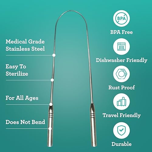 Miniatura 3 de GuruNanda Raspador de lengua de acero inoxidable, diseño ergonómico en forma de U, refresca el mal aliento, para higiene bucal, acero inoxidable
