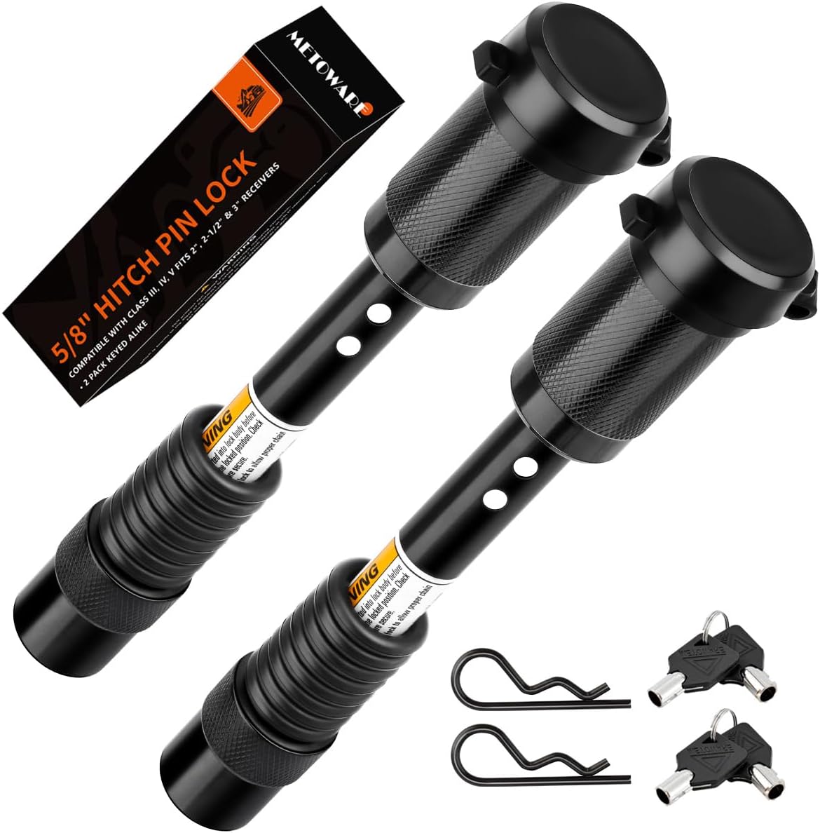 METOWARE Keyed Alike Trailer Hitch Lock Set, 5/8" Dia with Extra Long 4" Span,Trailer Receiver Lock Fits Class III IV V 2", 2-1/2"& 3" Receivers, Anti-Rattle Trailer Hitch Lock with O-Rings (2 Pack)